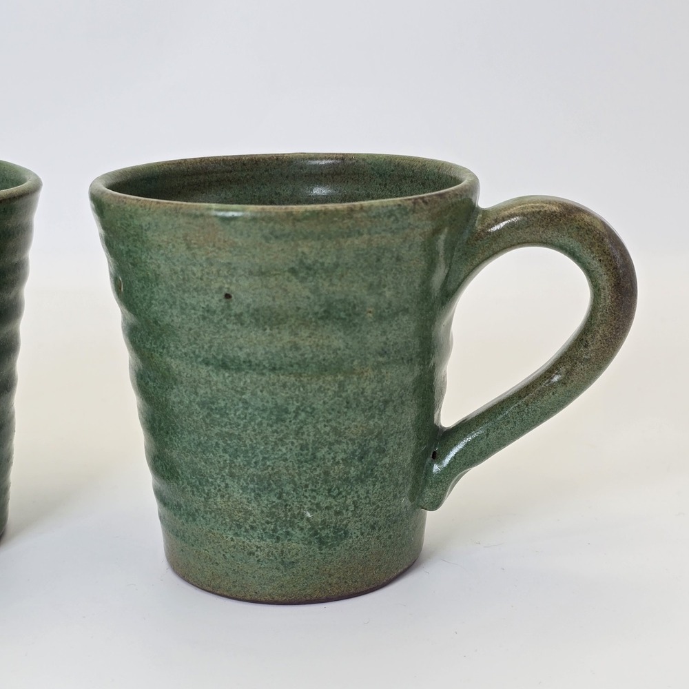 Rackliffe Pottery Blue Hill Maine Green Studio Pottery Mug Pair Signed - Picture 2 of 13
